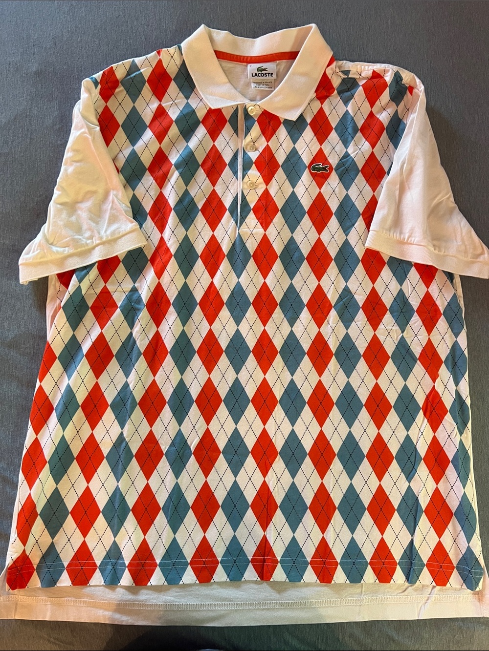 Lacoste White Polo with Red & Blue Argyle